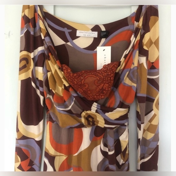 Charles Nolan Dress, Browns & Oranges, Wrap, Ruckering Side, Long Sleeved, Sz 4 - Picture 5 of 16